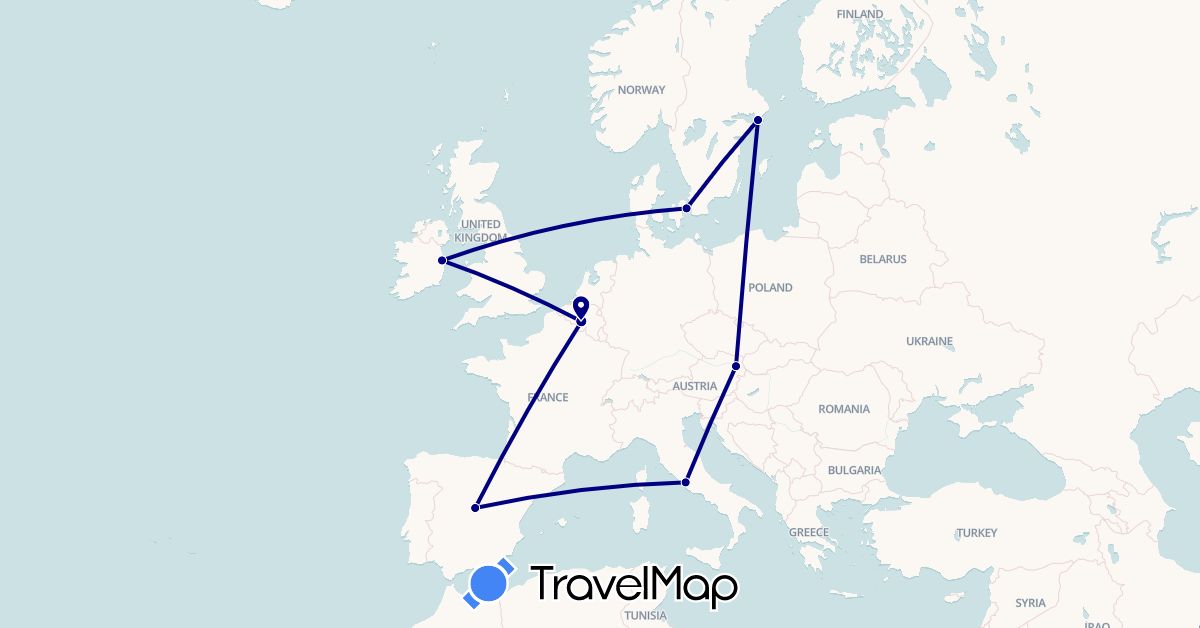 TravelMap itinerary: driving in Austria, Belgium, Denmark, Spain, Ireland, Italy, Sweden (Europe)